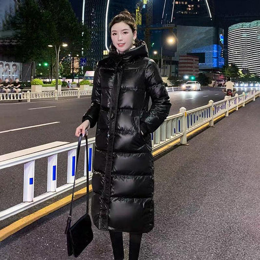 Winter Bright Face Ladies Long Padded Jacket with Hooded Stand-up Collar Slim Fit Thick Warm Down Padded Jacket Simple and Versatile Loose Warm Jacket