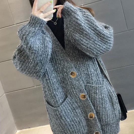 Fashion large pocket sweater large size medium long loose knitted cardigan sweater coat women