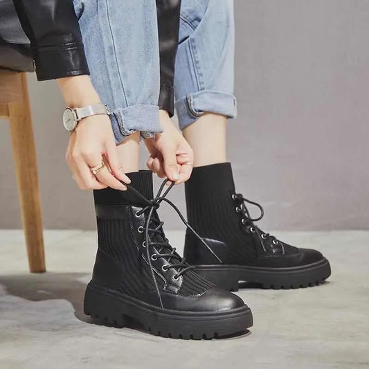 2021 Motorcycle Women's Boots Winter Soft Leather Shoes Black Botas Wedges Female Lace Up Platforms Women