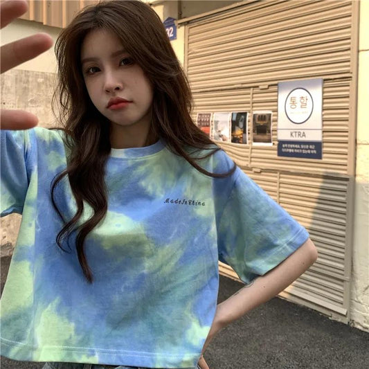 Women's Tie-dye Short-sleeved T-shirt Summer Design Sense Niche Cropped Navel Short Sweet Girl Top Ins Trendy K Pop Schoolgirl Short Top