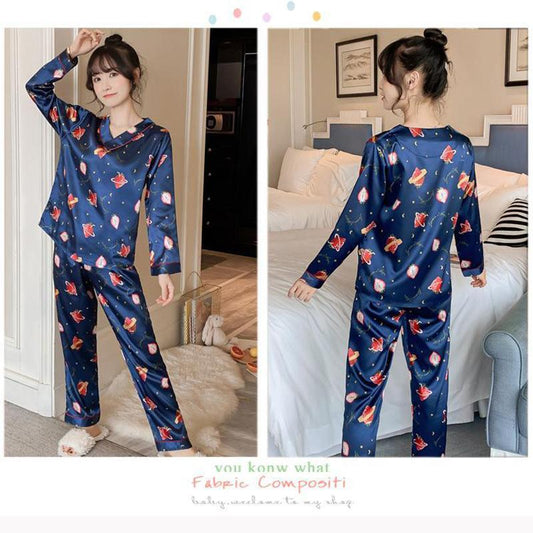 Ice Silk Pajamas Set V Neck Long-sleeved Set for Womens Spring Autumn Thin Flower Cartoon Printed Outer Wear Home Clothes Two Pieces Set