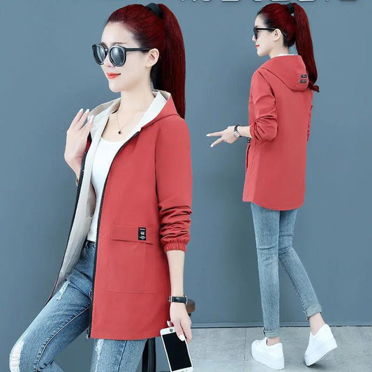 Women's Spring and Autumn No Printing Loose Double-sided Mid-length Baseball Uniform Plus Size Hooded Jacket Jacket