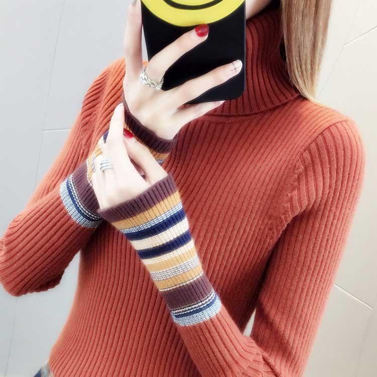 Pofulove Women Striped Turtleneck Sweater Autumn Winter Long Sleeve Slim Knitted Pullover Sweater