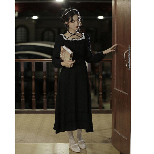 Fairy Party Dress Spring French Retro Small Black Dress Square Collar Lace Long Sleeve Elegant Female Dress