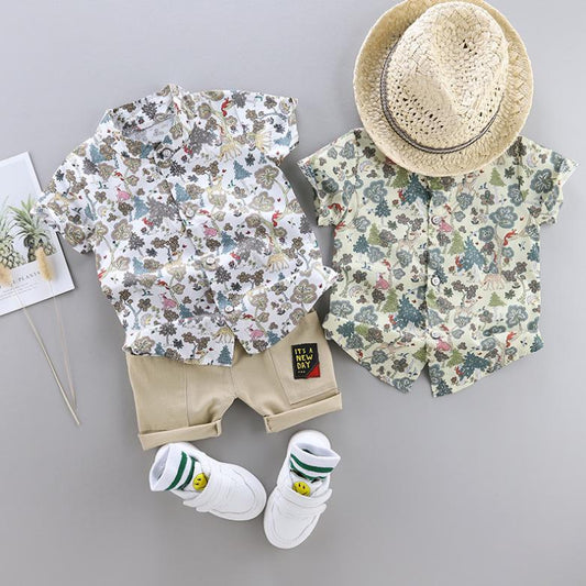 Children's Clothing Boys' Middle and Small Children's Set 1-4 Year Old Baby Stand Collar Leaf Animal Shirt Shorts Suit