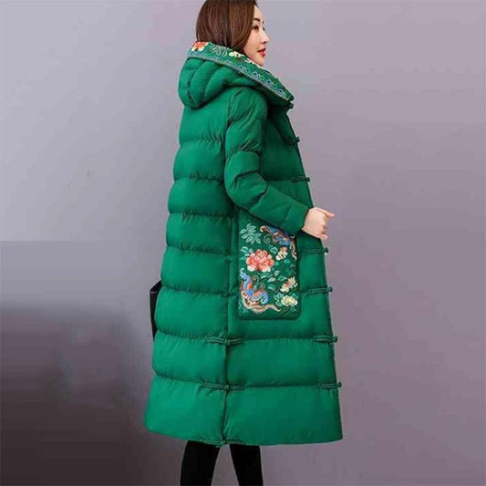 Women's Winter Retro Padded Down Jacket Hooded Down Jacket with Warm Stand-up Collar Women's Solid Color Long Down Jacket Quilted Coat
