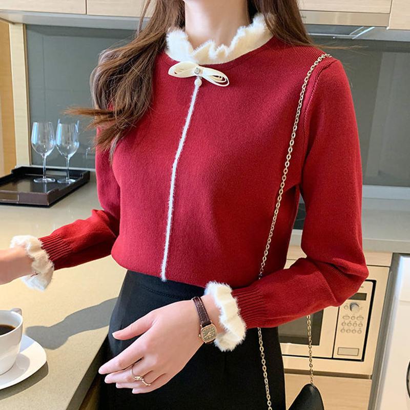 Half Turtleneck Sweater Women Thickened Bottoming Shirt Autumn Winter Long-sleeved Fashion Bow-knot Knitted Top