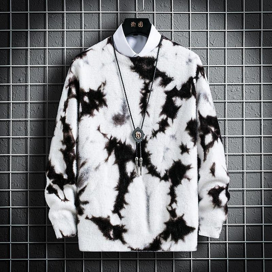 Men Sweater Autumn Winter Tie-dye Printing Men's Knitted Pullover Casual Long Sleeve Imitation Mink Warm Sweater