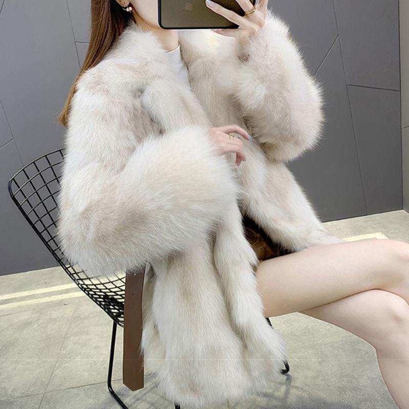 Winter Women's Coat with Imitation Fox Fur Haining Mid-length Fur Coat
