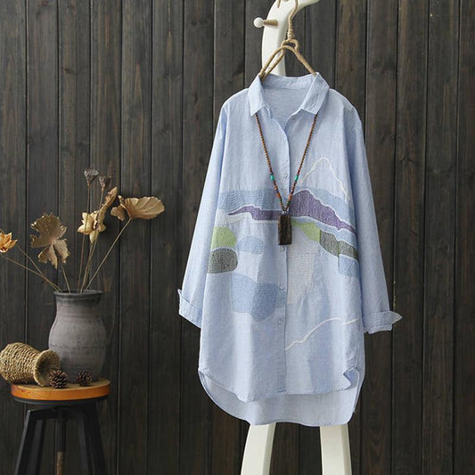 Embroidered Mid-length Long-sleeved Cotton Shirt Women's Pinstripe All-match Literary and Artistic Large Size Loose Shirt Top