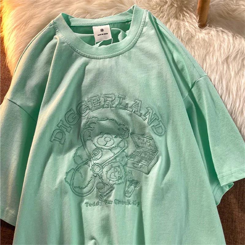 Women Round Collar Summer Cartoon Embroidery Loose Short Sleeve Casual Simple All-match T-Shirt