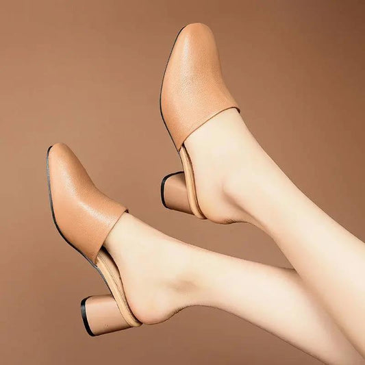Women's Summer Medium Heel Sandals Comfortable Solid Color Non-slip Wear-resistant Sandals