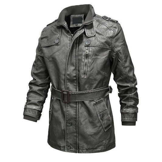Mid-length Fashion Casual Leather Jacket Autumn Winter Europe America Plus Size Young Middle-aged Men's Velvet Motorcycle Leather Jacket