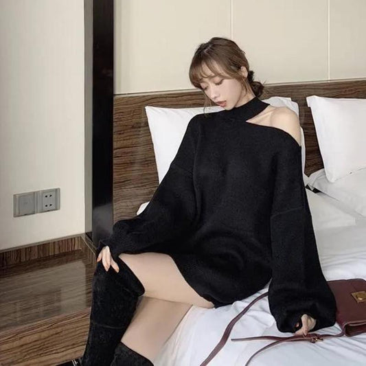 Off-the-shoulder Design Sweater Autumn Winter Women's Loose-fitting Mid-length Thick Halterneck Sweater Tide
