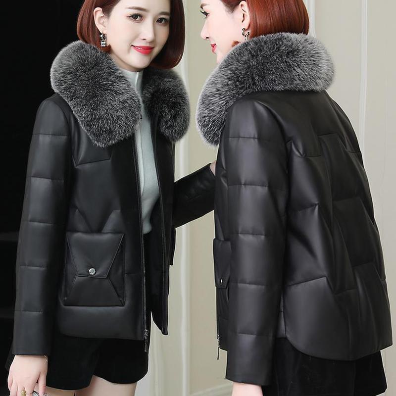 PU Leather Down Cotton Jacket Women's Short Leather Jacket Thick Fur Collar Imitation Fur Korean Coat Winter