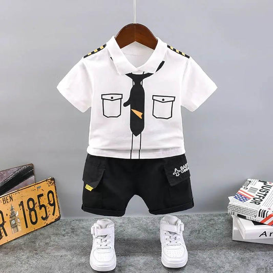 Children Clothing Summer Boy Suit Baby Short-sleeved Lapel Shorts Children's Captain Clothing Printing Epaulette Decoration Children's Two-piece Suit
