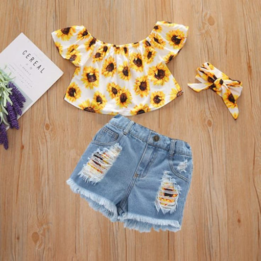 Girls Summer Dress One-shoulder Printing Shirt Denim Shorts Suit Summer Girls Short-sleeved Hole Shorts Set