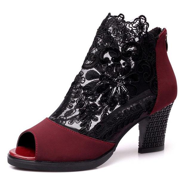 Spring Summer Mid-heel Sandals Women's Fish Mouth Lace Mesh Breathable High Heels Thick Heels Large Size Shoes