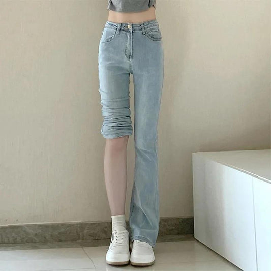 High Waist Slimming High Elastic Chic Hong Kong Flavor Retro Micro Jeans Female Autumn and Winter Repair Straight Speaker Mopping Trousers