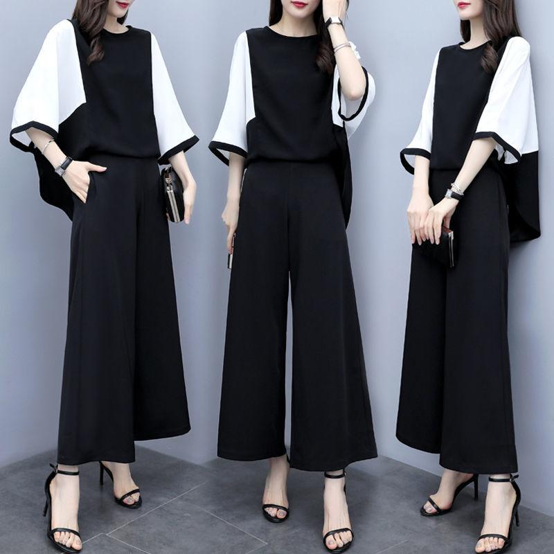 Women's Spring and Summer Two-piece Trousers Stitching Loose Round Neck Blouse Wide-leg Pants Casual Suit Plus Size Women's Clothing