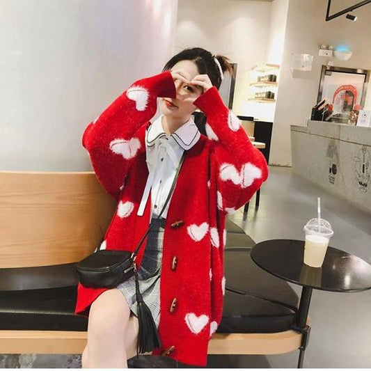 Autumn and Winter Loose Mid-length Cardigan Lazy Heart-shaped Sweater Student Casual Jacket