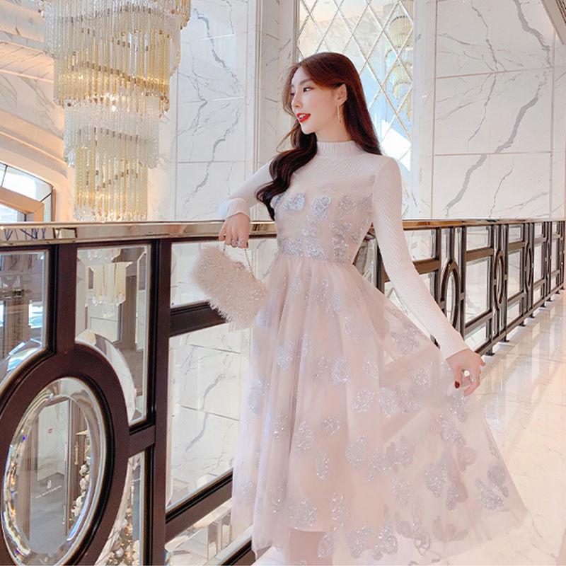Autumn and Winter Dress Large Size Slim Knitted Dress Woman Fashion Net Yarn Sequin Dress Women