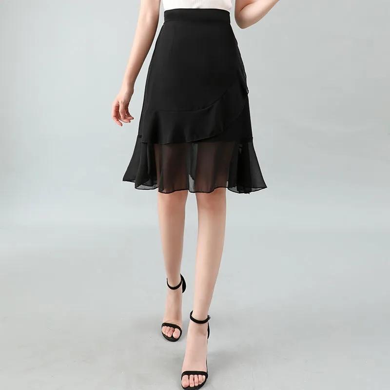 Woman Skirts Female Chiffon Mermaid Skirt Summer Casual Thin A-line Skirts High Waist All-match Loose Black Skirt