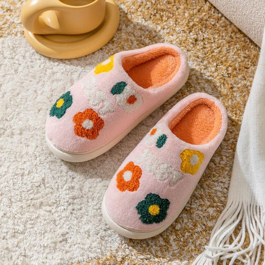 Autumn and Winter Pure Cotton Slippers Flower Pattern Indoor Non-slip Soft-soled Shoes Warm Simple Plush Cotton Shoes