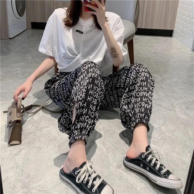 Chiffon Harem Pants Female Ins Tide Summer Letter Pattern Casual Pants Loose and Thin Trousers