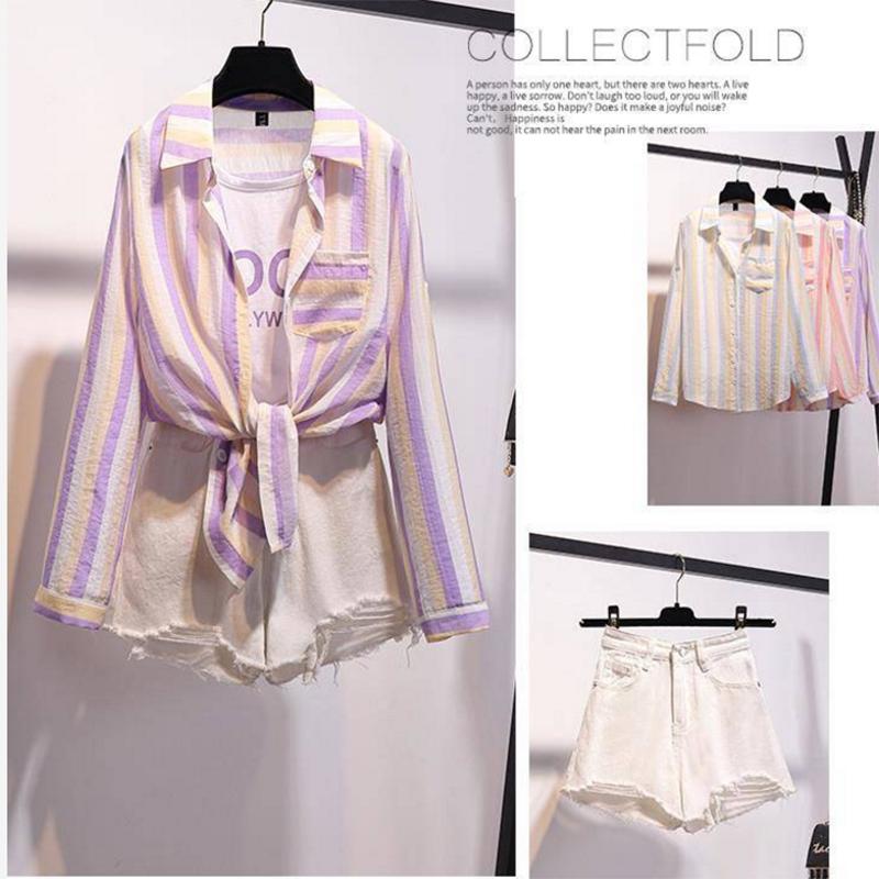 Pofulove Women Fake Two-piece Striped Shirt Hole Denim Shorts Two-piece High-waist Shorts Set Summer