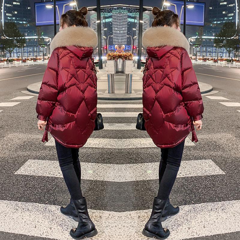 Winter Fashion Trend Women's Small Mid-length Big Fur Collar White Duck Down Padded Jacket