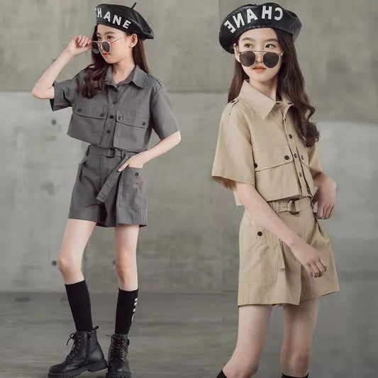 Girls Personality Suit Fashion Trend Heavy Tooling Short-sleeved Two-piece Suit Western Style Parent-child Summer
