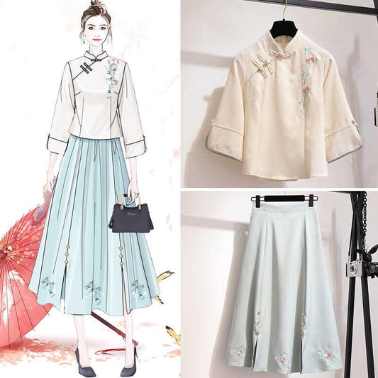 Female Han Chinese Clothing Suit Mandarin Collar Blouse Embroidered Skirt Suit