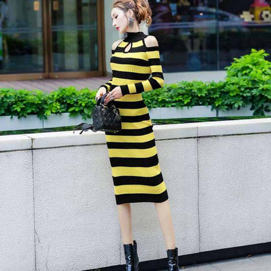 European and American Autumn Winter Sexy Soff-shoulder Turtleneck Sweater Dress Long Slim Striped Knitted Dress Bottoming Pencil Dress