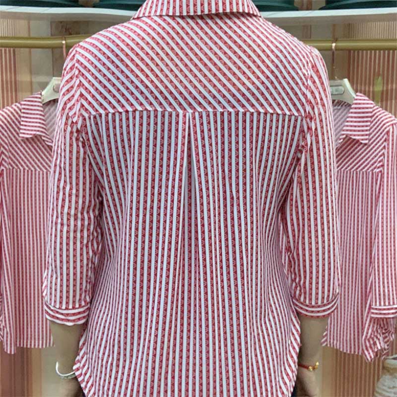 Striped Shirt Women's All-match Middle-aged Mother's Shirt To Cover The Belly and Show Thin Three-quarter Sleeve Top Large Size