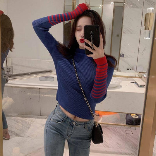 Color Matching Sweater Women's Retro Wild Style Slim Bottoming Sweater Long Sleeve