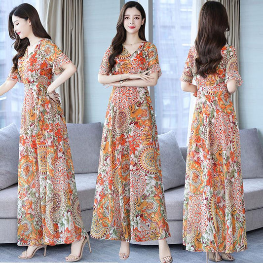 Dress Summer Women's Large Size Chiffon Waist Waist Was Thin Floral Long Skirt A-line Version Long Skirt Large Skirt Waist Waist Was Thin Beach Dress