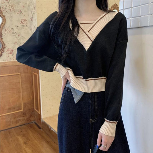 Temperament Short Knit Sweater Women's Spring and Autumn Long-sleeved Sweater Design Niche V-neck Blouse Comfortable Stretch Slim Fit