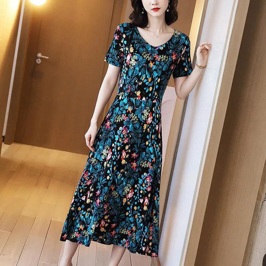 Women's Plus Size Loose Long Printed Dress Slim Round Neck A-line Skirt