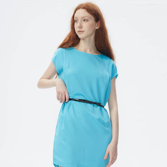 Summer Loose Straight Pleated Round Neck Short Sleeve Dress Chiffon Dress with Belt