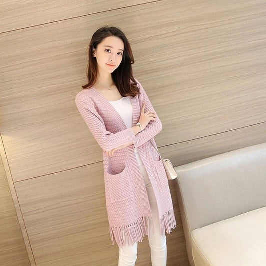 Spring and Autumn Loose Plus Size Sweater Mid-length Tassel Knitted Jacket Cardigan All-match Female Jacket