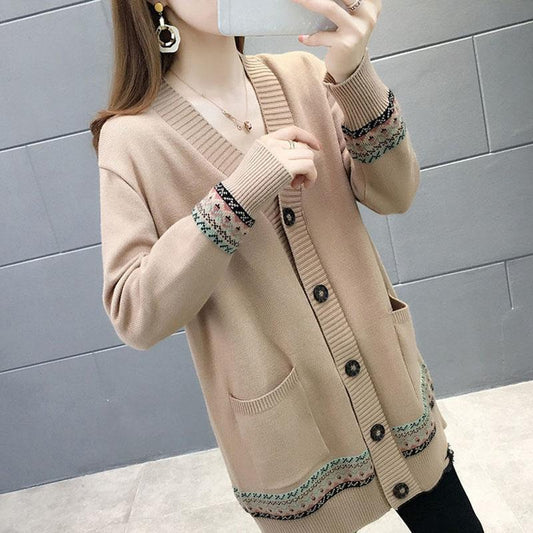 Spring and Autumn Knitted Cardigan Sweater Mid-length Casual Top Loose Outer Wear Women's Jacket
