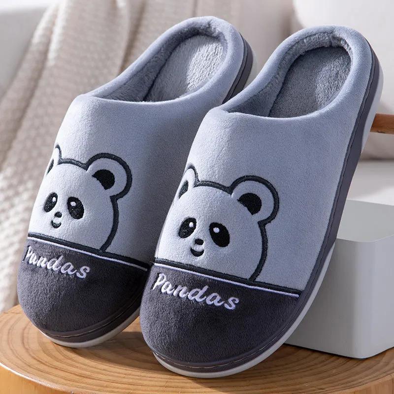 Winter Slippers Women Home Plus Size Men Cotton Shoes Pandas Embroidery Thick Fleece Warm Pink Slippers Women Non Slip Platform Ladies Warm Slippers