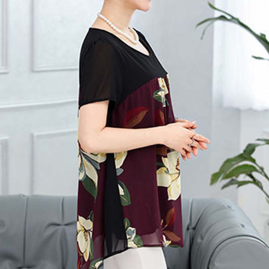 Women's Summer Short Sleeve Chiffon Shirt Mommy's Large Size Loose Floral Top