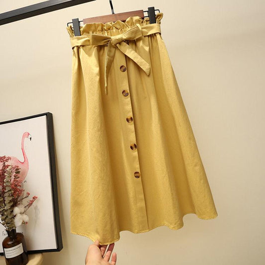 High Waist Midi Skirts Solid Pockets A-Line Casual Ladies Bottoms Trendy Female Skirts with Sashes 2020 for Women