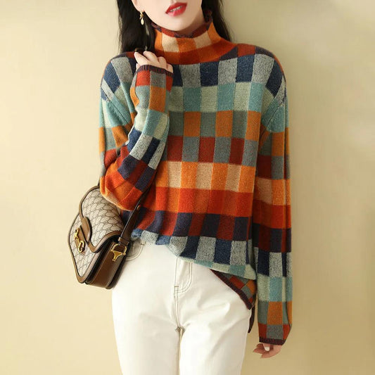 Gorgeous Colorful Checkerboard Knitted Sweater Women Autumn and Winter High-necked Lazy and Thin Outer Wear Plaid Sweater Women