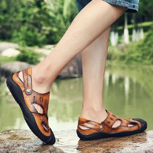 Summer Men's Sandals Genuine Cowhide Leather Breathable Hollow Beach Shoes Hole Shoes Soft Sole Breathable Waterproof Sandals
