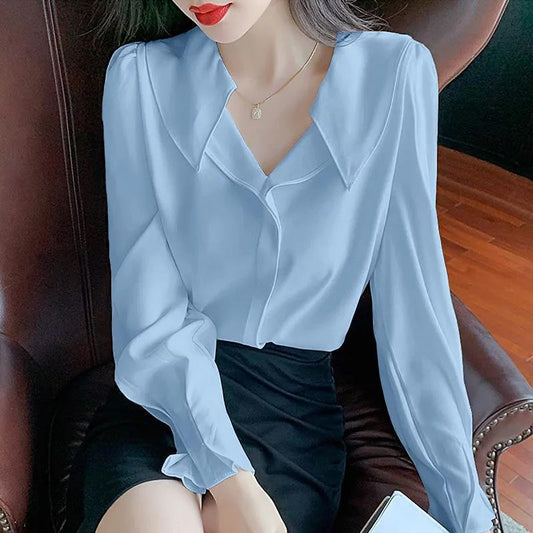 Women's Spring and Autumn Long Sleeve Shirt Chiffon Solid Color Top