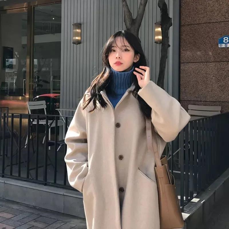 Winter Woolen Coat Korean Fashion Mid-length Woolen Coat Thickened Over The Knee Plus Size Woolen Coat