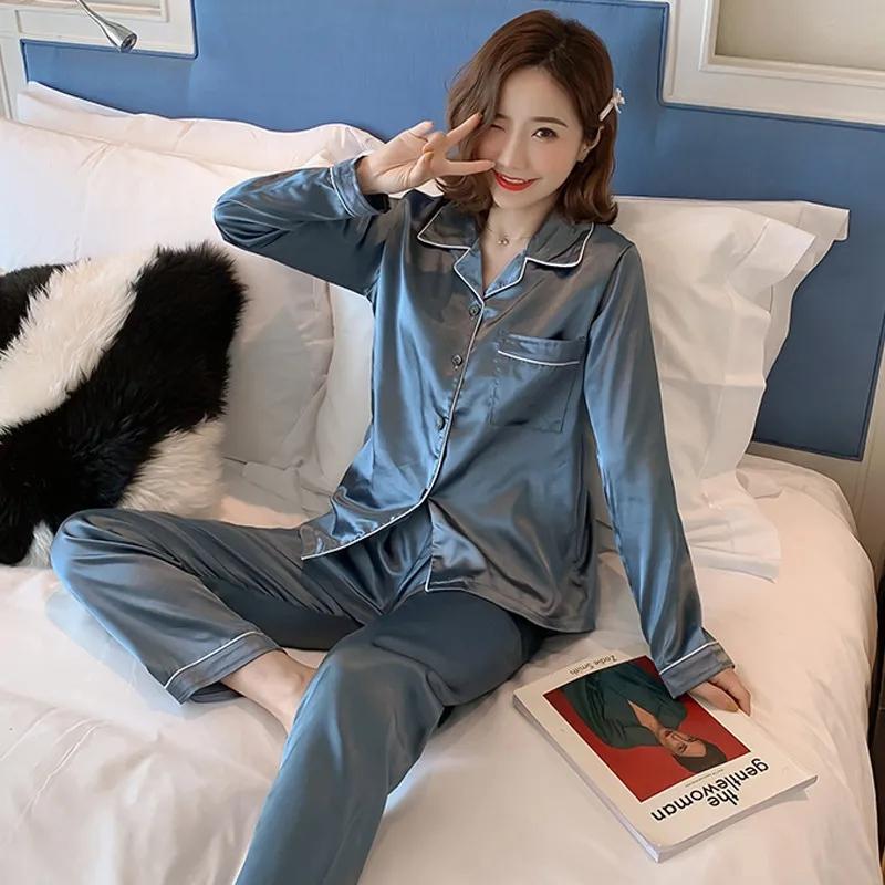 Women Silk Satin Pajamas Set Sleepwear Casual Simple Pajama Couple Pajamas Suit Female Sleep Two Piece Set Men Loungewear Plus Size Nightwear